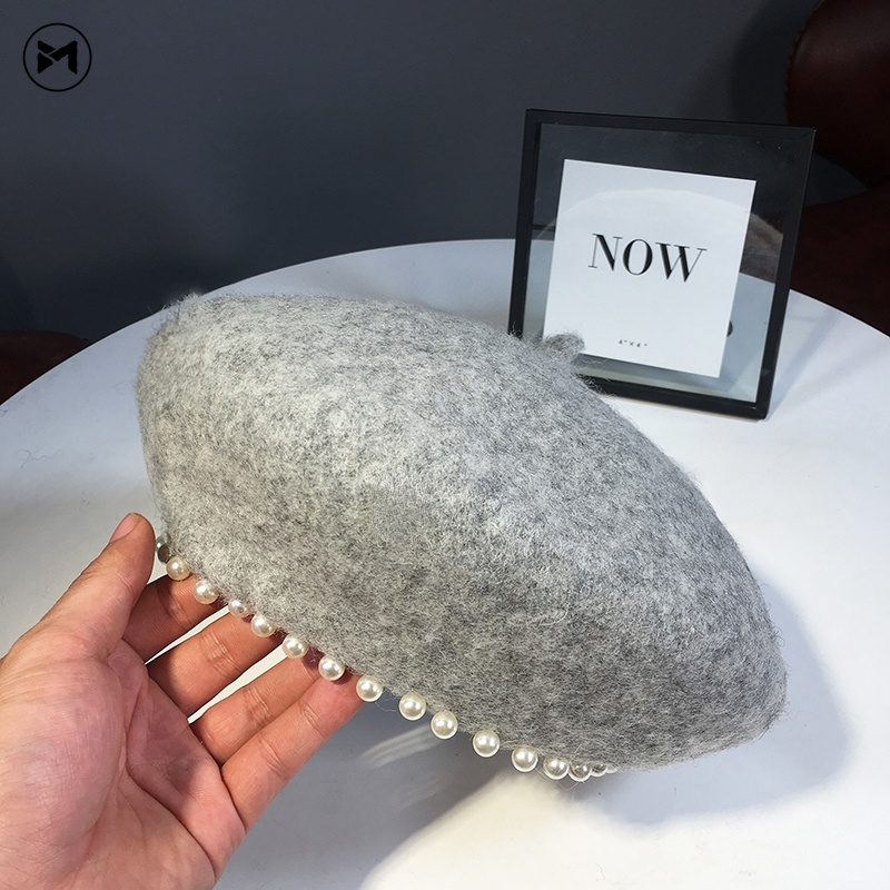 Mũ Beret Len Lông Cừu Đính Ngọc Trai Phong Cách Anh Quốc Thời Trang Thu Đông Cho Nữ