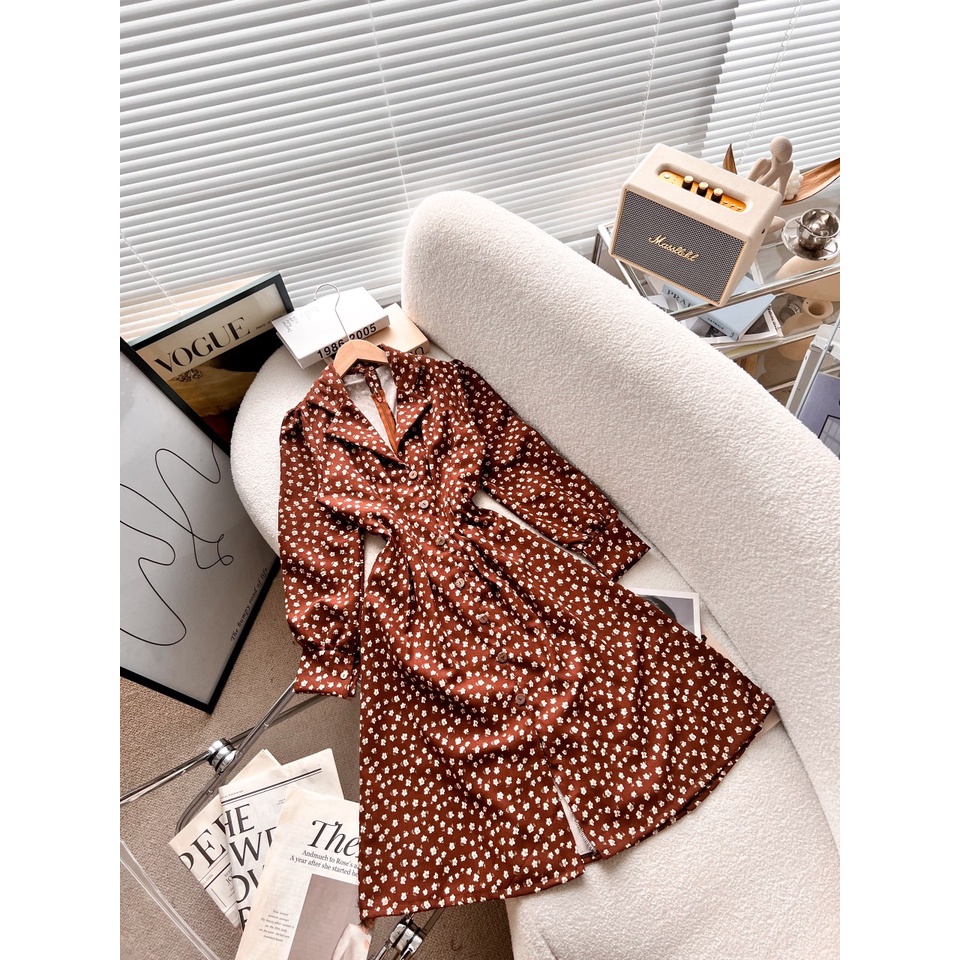 Đầm midi hoa nhí nâu tây vintage tay phồng dài NÀNG CLOSET