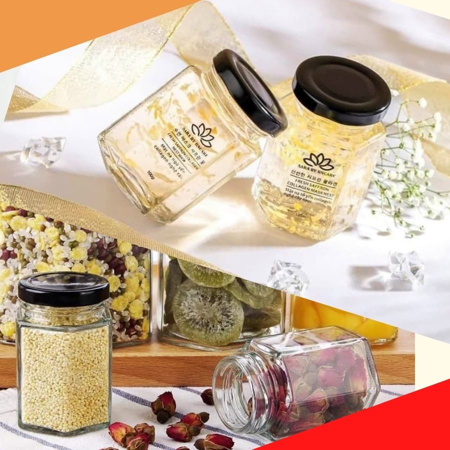 Hủ thủy tinh chưng yến hũ lục giác 80ml 100ml nắp thiếc đen vàng đựng mask thực phẩm gia vị