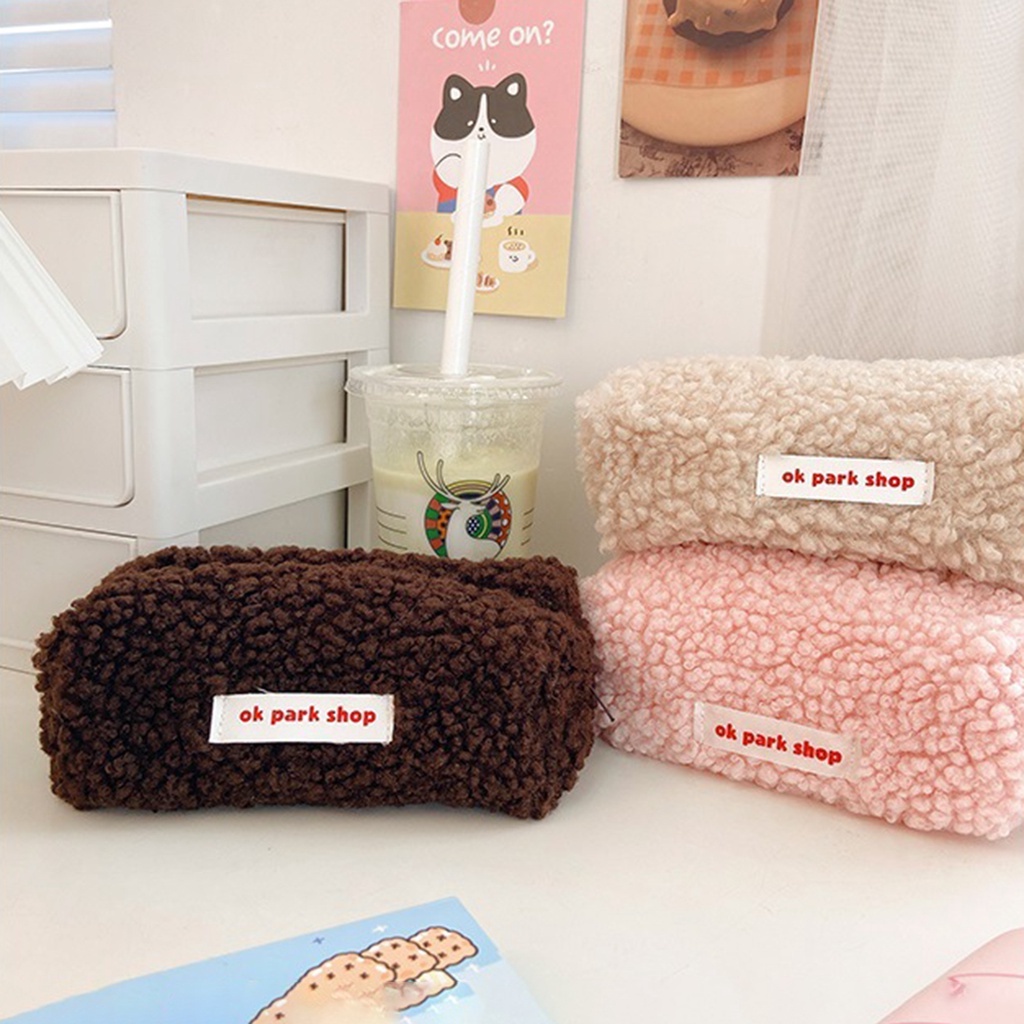 Túi Đựng Bút/Mỹ Phẩm Bằng Len Phối Lông Cừu Dễ Thương Có Sức Chứa Lớn Phong Cách Hàn Quốc