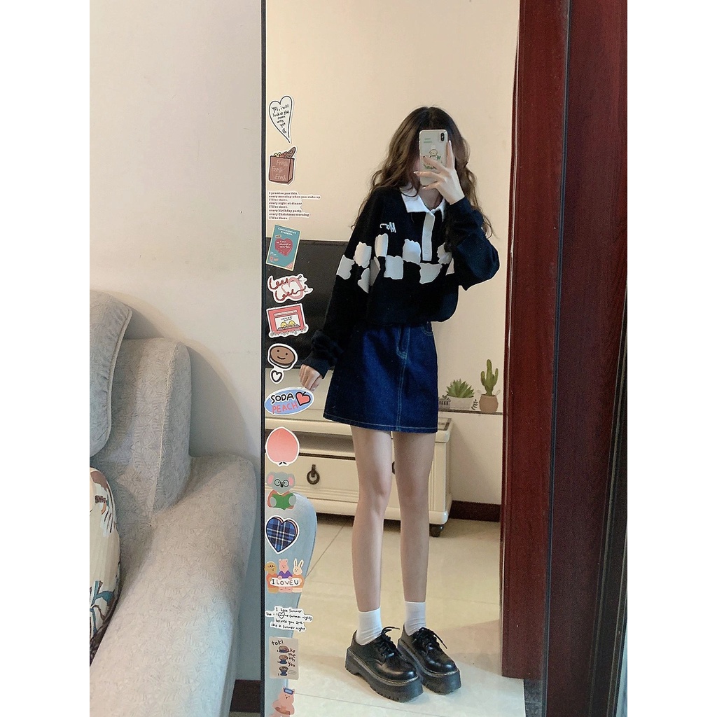 Áo Khoác Polo Dài Tay Dáng Rộng Họa Tiết Ca Rô Đen Trắng Thời Trang Mùa Thu Dành Cho Nữ