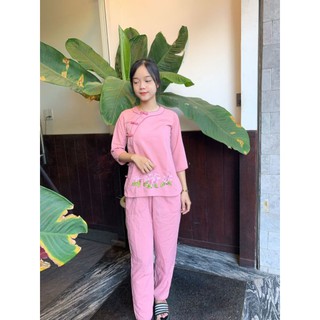 Đồ lam Đi chùa nữ. viền Đôi đồ lam cổ tròn nút so đủ size
