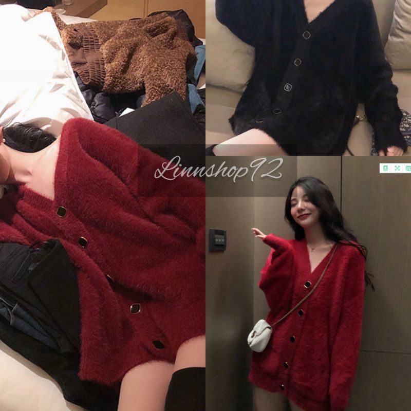 Áo cardigan len dáng dài fom rộng,lông thỏ