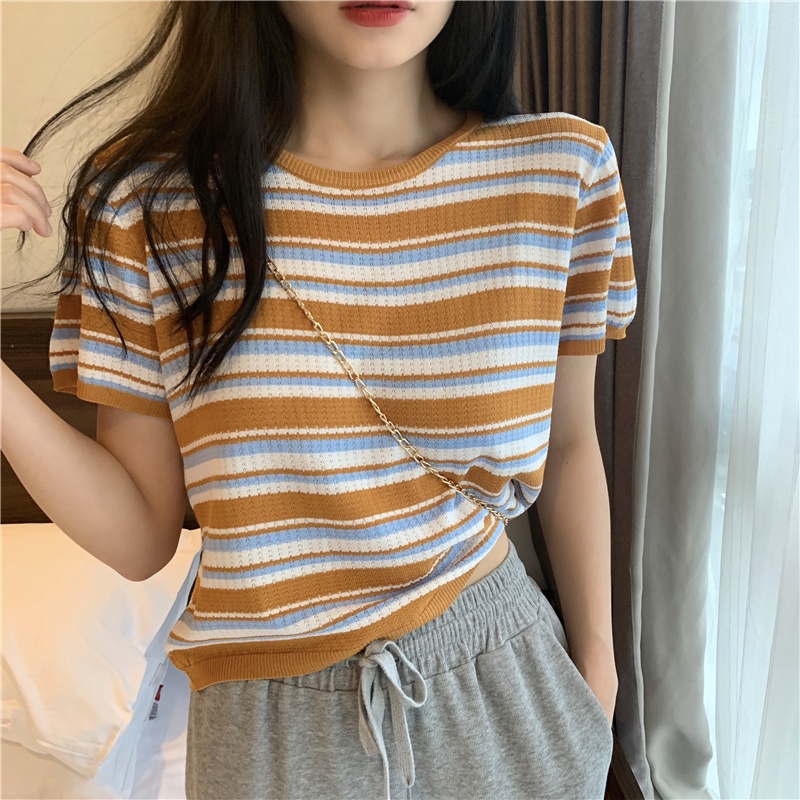 Áo thun ZHELIHANGFEI tay ngắn dáng rộng bằng lụa lạnh họa tiết kẻ sọc tương phản thời trang mùa hè 2022 xinh xắn cho nữ