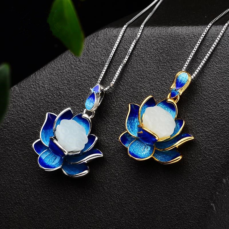 Cloisonne Vòng cổ Mặt Hoa Sen Đá Ngọc Bích Trắng Phong Cách retro