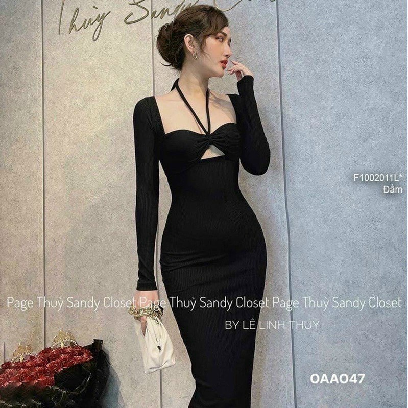 đầm nữ, đầm tay dài, đầm kiểu hở ngực, thun gân th