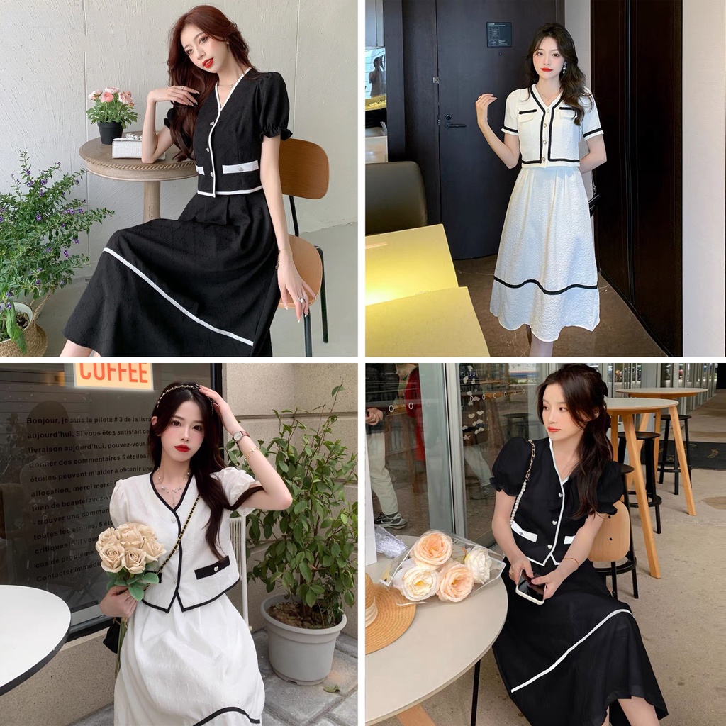 Set chân váy viền mí áo cổ tim tiểu thư đồ bộ nữ công sở xinh xắn TH256