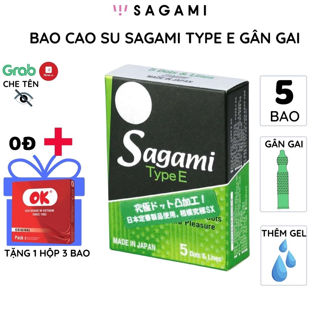 Bao cao su Sagami Type E GÂN GAI 5 bao/hộp thiết kế 3D 1 lần thắt chống tuột kéo dài thời gian