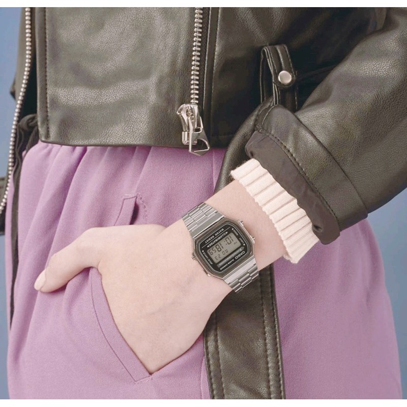 Đồng hồ Nam Casio A168WGG-1A, đồng hồ chính hãng, dây xám, mặt đen, màn hình trắng