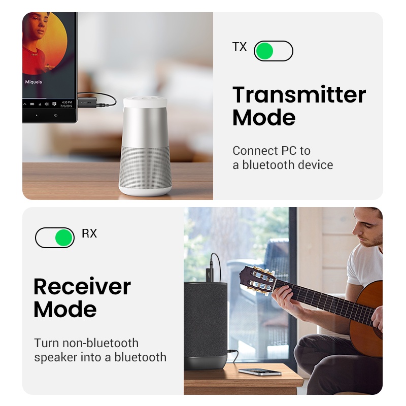 Bộ chuyển đổi âm thanh Ugreen bluetooth 5.1 thiết kế 2 trong 1 cho loa xe hơi / loa nghe nhạc kèm cáp