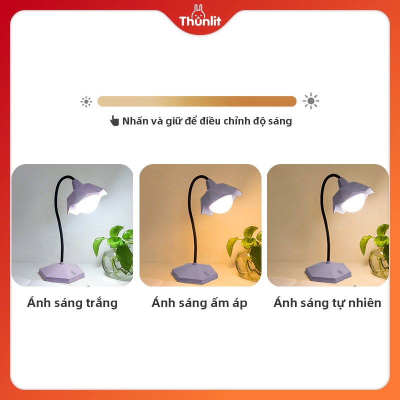 Đèn để bàn Thunlit màu tím 3 mức chiếu sáng có thể sạc lại bằng cổng USB chất lượng cao