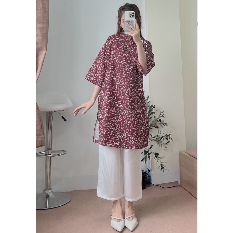 SET ÁO DÀI HOA NHÍ DÁNG SUÔNG TAY LỠ 4 MÀU
