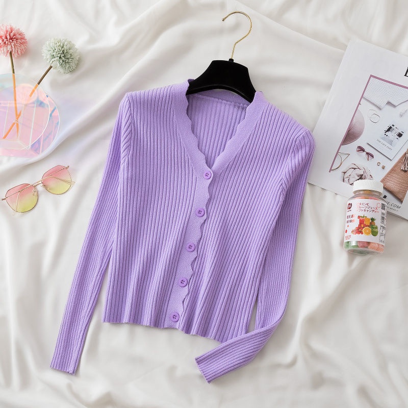 Áo cardigan Dệt Kim Tay Ngắn Cổ Chữ V Màu Trơn Cài Nút Đơn Giản Phong Cách Thời Trang Mùa Thu Mới Dành Cho Nữ