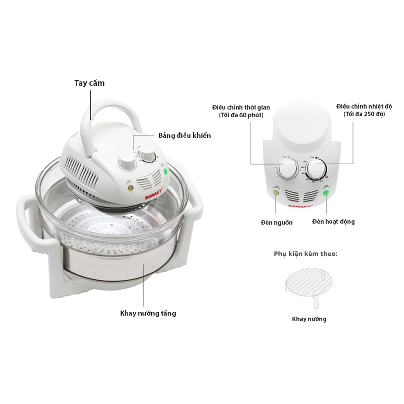 Lò nướng thủy tinh Sanaky VH-158T - Hàng chính hãng Dung tích nồi thủy tinh lớn 12 lít Công nghệ nướng bằng điện trở.
