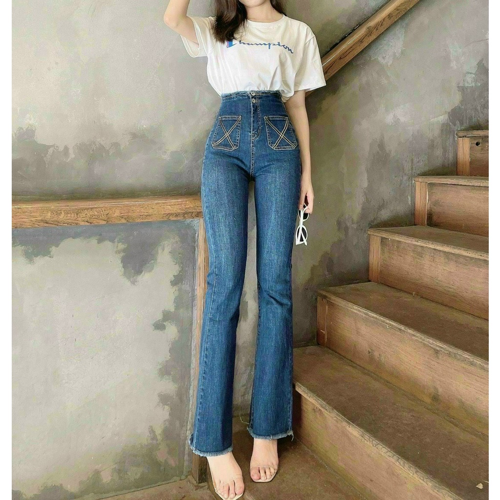 Quần jean lưng cao ống loe có túi chéo nhẹ form hàn R.I.U STORE