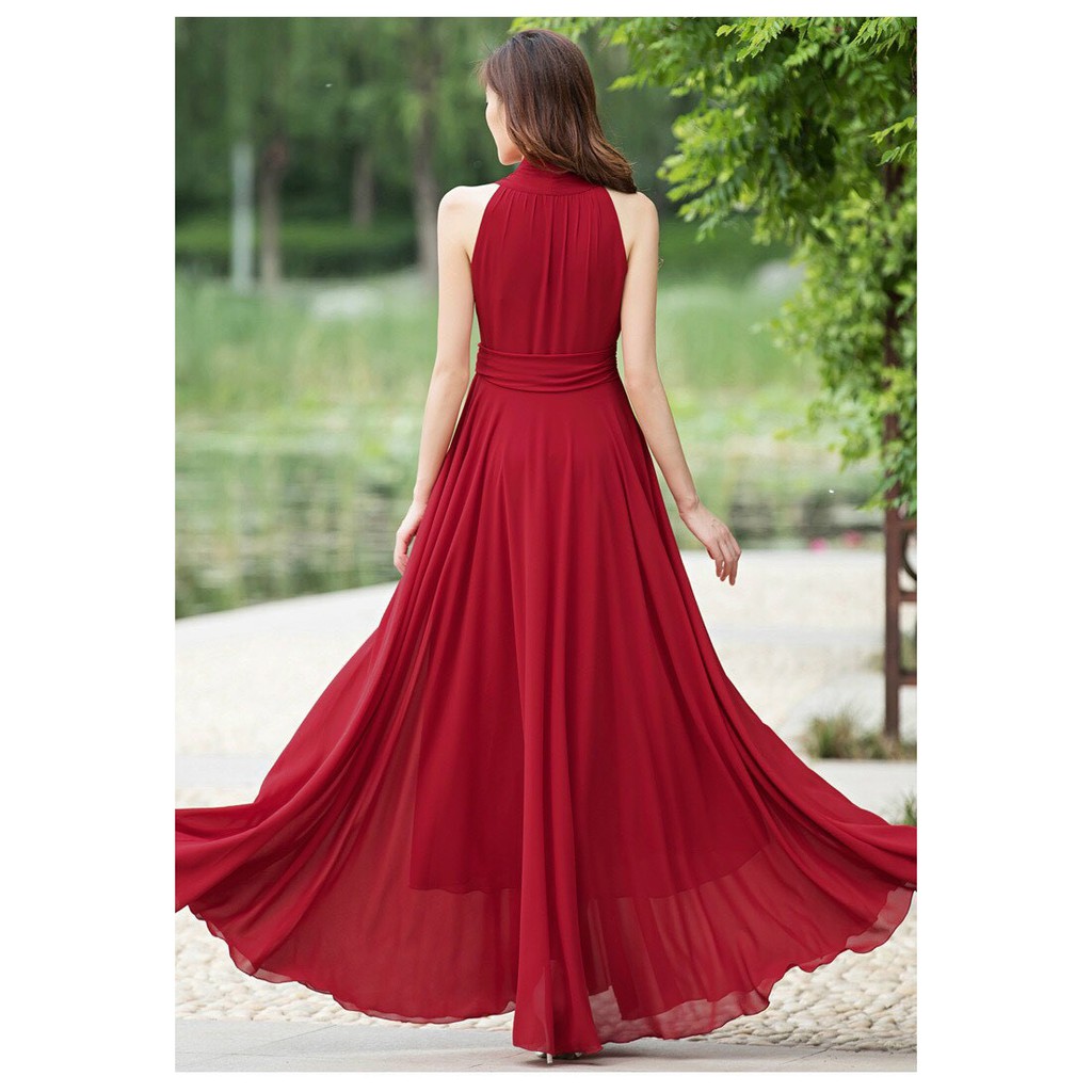 ĐẦM MAXI DÀI CỔ V SANG TRỌNG Chất: chiffon lót thun Màu: xanh coban, đỏ đô Kiểu dáng: đầm xoè dài cổ v, eo xếp li cách đ