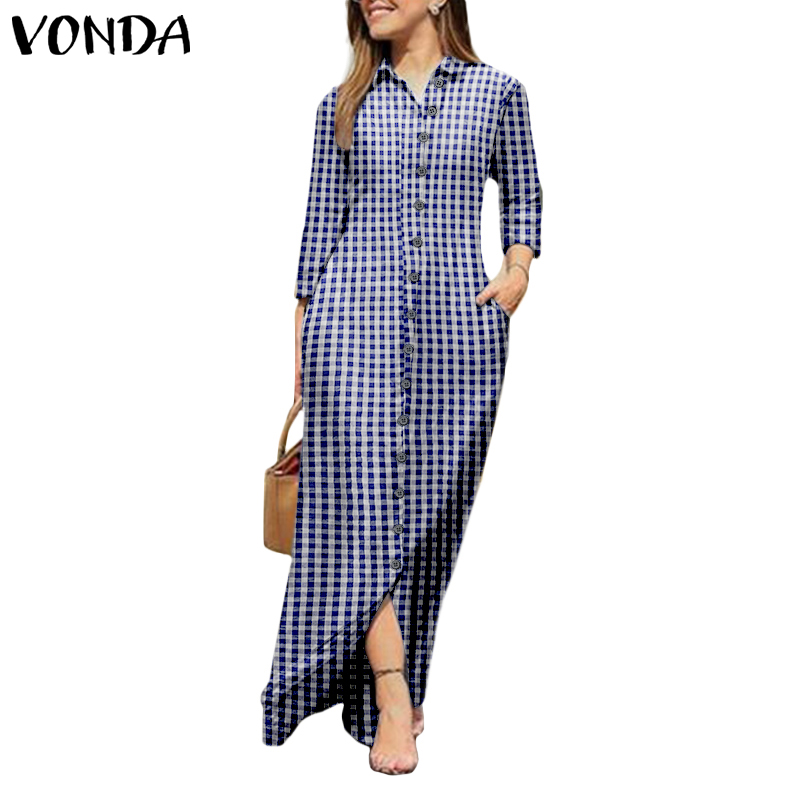 Váy maxi Vonda tay dài cổ bẻ cài nút họa tiết kẻ sọc thời trang dành cho nữ