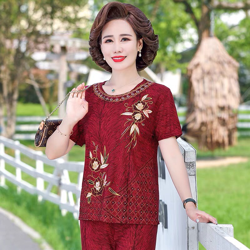 Đồ bộ trung niên, quần áo trung niên nữ cho người lớn tuổi, chất liệu thun co giãn mềm mịn, thoáng mát-thời trang hè mới