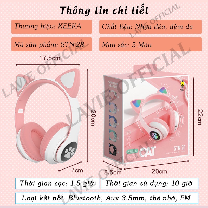 Tai Nghe Mèo Màu Hồng | Headphone Tai Mèo Dễ Thương Có Mic, Bluetooth 5.0, Âm Bass Mạnh Mẽ, Dung Lượng Pin Khủng -BH 12T