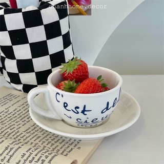 Bộ ly cốc sứ uống nước kèm Dĩa lót hoạ tiết chữ Cest 280ml đơn giản uống cafe Chanhhome.decor