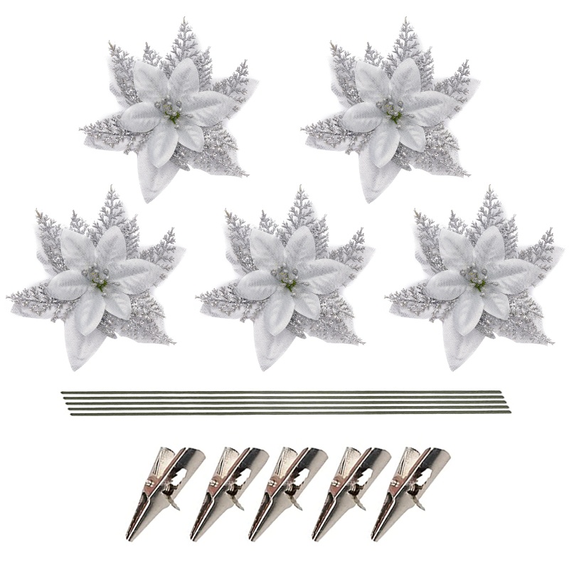 Set 5 Bông Hoa Nhân Tạo 15cm Kèm Kẹp Gắn Trang Trí Cây Thông Giáng Sinh