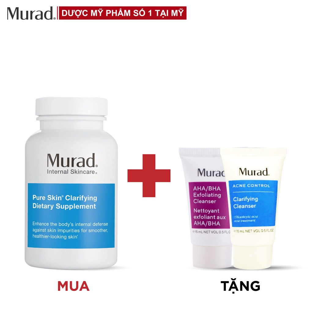 Viên uống giảm mụn Murad Pure Skin Clarifying Dietary Supplement 120viên Tặng Srm AHA/BHA 15ml+Clarifying Cleanser15ml