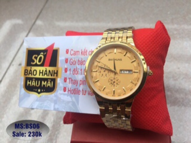 Đồng hồ nam Baishuns màu vàng có lịch chống nước ( tặng kèm pin)
