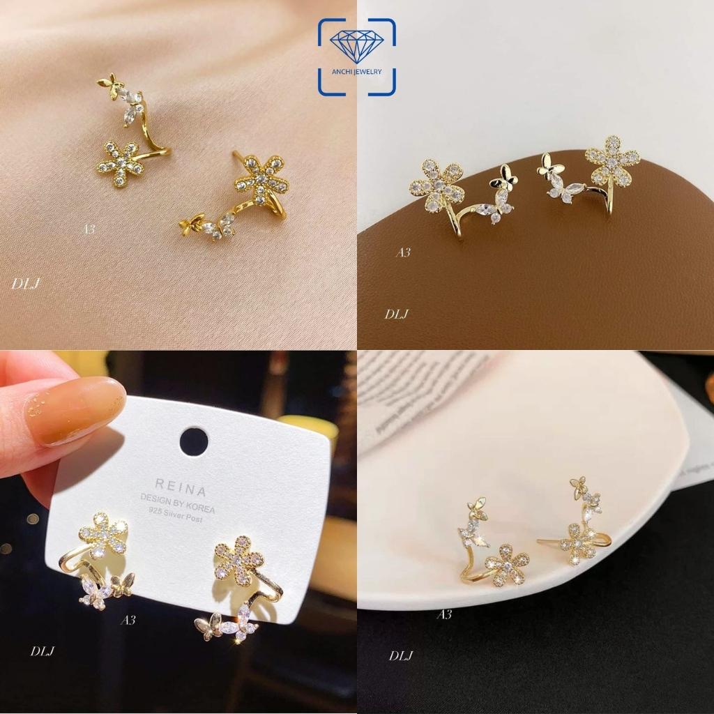 Bông tai hoa mai và cánh bướm butterfly, chuẩn bạc ta xi vàng đính đá - Anchi jewelry
