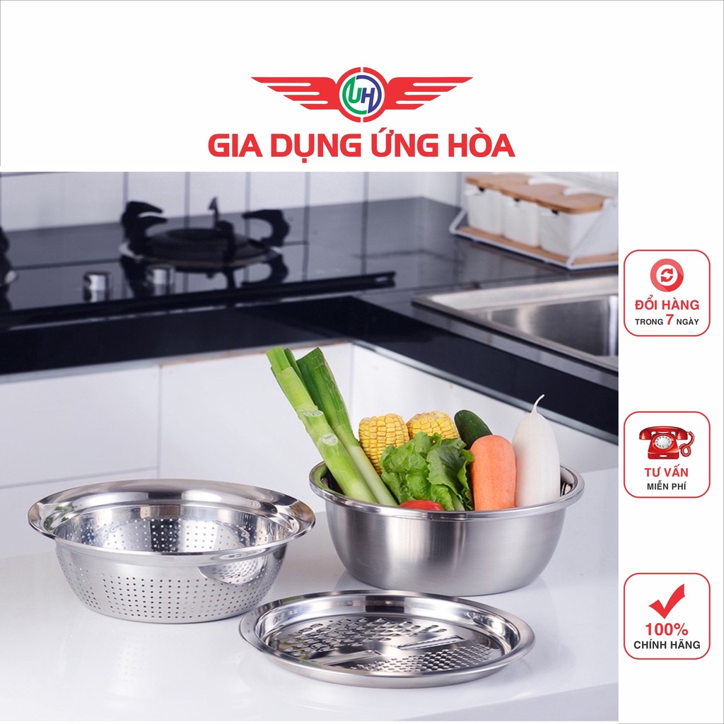 Bộ Nạo Rau Củ Quả Đa Năng Inox 3 in 1 - Bộ Rổ Nạo Củ Quả Kèm Chậu- gia dụng