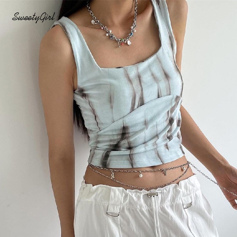 Áo Tank Top Cổ Vuông Ôm Eo In Họa Tiết Mực In Thời Trang 2022 Cho Nữ