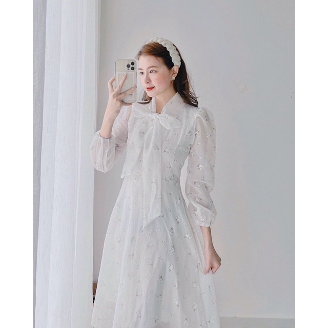Đầm midi hoa trắng nơ cổ tay phồng,đầm nữ tiểu thư siêu sang xinh