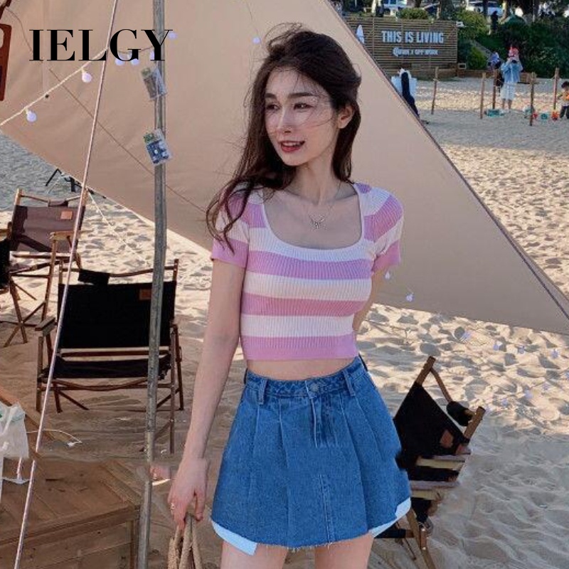 IELGY Áo thun dệt kim ngắn tay IELGY họa tiết kẻ sọc thời trang mùa hè cho nữ
