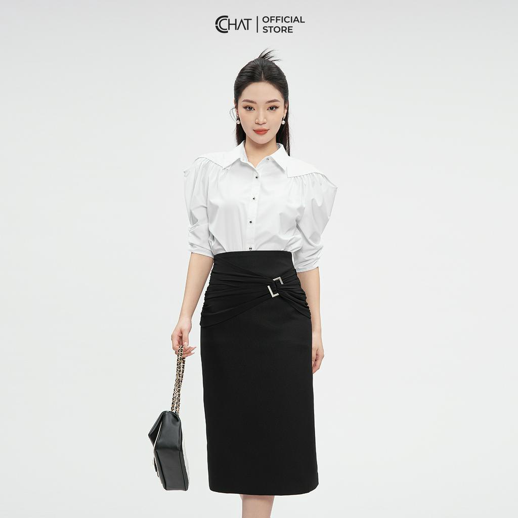 Áo Sơ Mi Nữ 𝐂𝐂𝐇𝐀𝐓 Rúm Vai Kiểu Tay Lỡ Chất Thô Cao Cấp Mềm Nhẹ 53FNT2013ST
