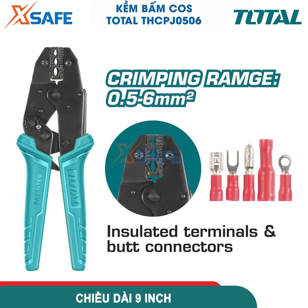 Kềm bấm cos 9'' TOTAL THCPJ0506, kềm bấm cos đầu dây cách điện AWG20-10, phạm vi bấm: 0,5-6mm² - [CHÍNH HÃNG][XSAFE]