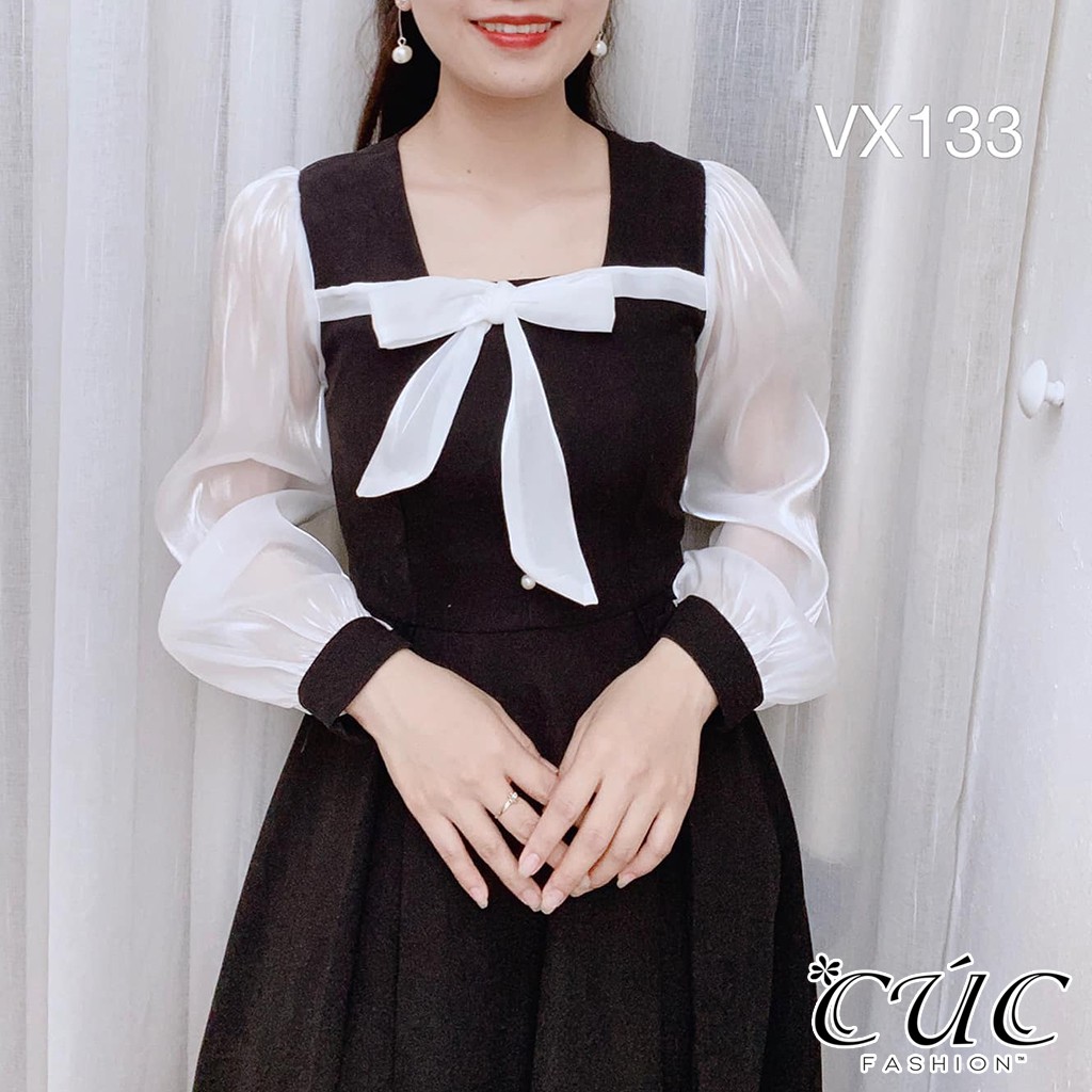 Váy đầm liền thân công sở cao cấp Cúc Fashion VX133 đầm váy nơ ngực tơ trắng