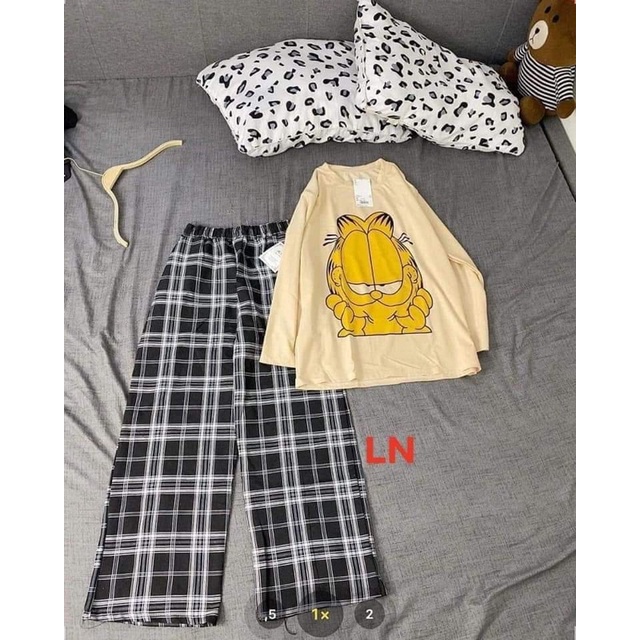 Sét áo mèo ngủ tay dài +quần kẻ karo LN11