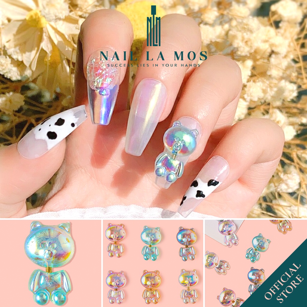 Charm gấu nail ánh dạ quang - charm gấu lò xo đính móng chuyển động đẹp mắt phong cách Hàn Quốc