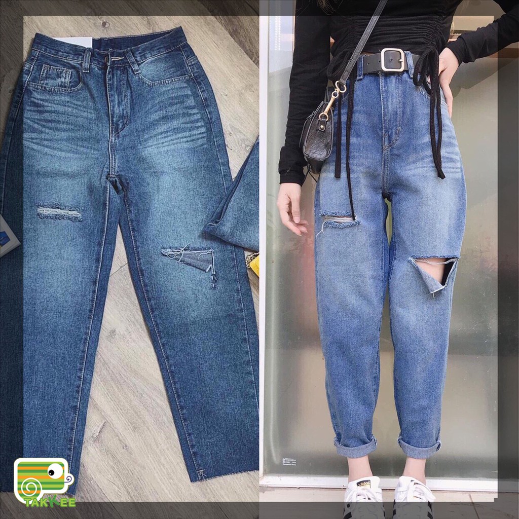 Quần jean baggy rách gối, quần baggy xanh mài màu mới