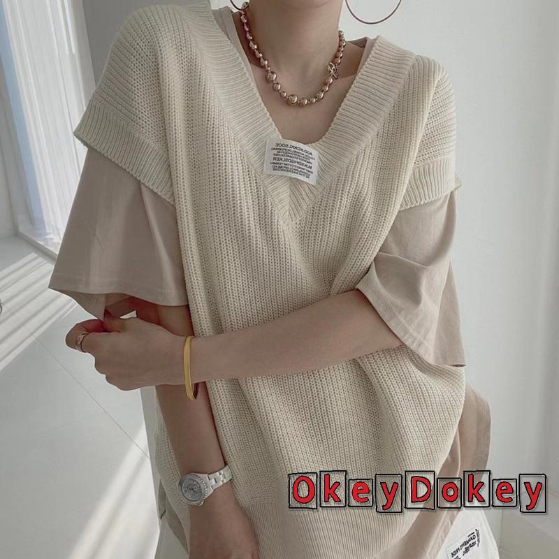 OKDK-Women Knitted Vest Letters Applique Pattern V-neck Cap Sleeve Knitwear