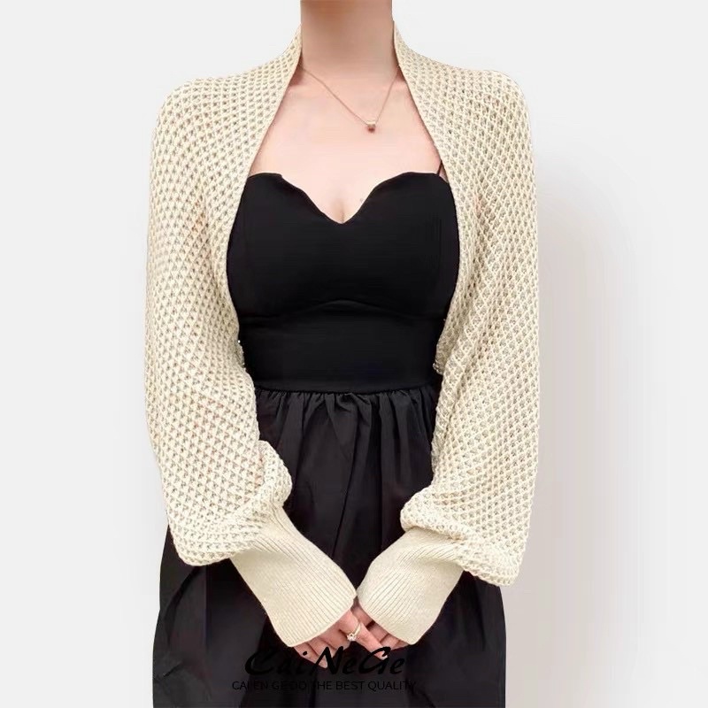 Áo khoác len choàng lưới tay bo bồng mix gì cũng xinh