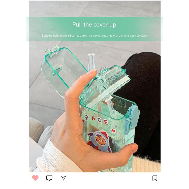 Bình Nước Nhựa Hình Vuông Sức Chứa Lớn Có Ống Hút Họa Tiết Dễ Thương Cho Nữ