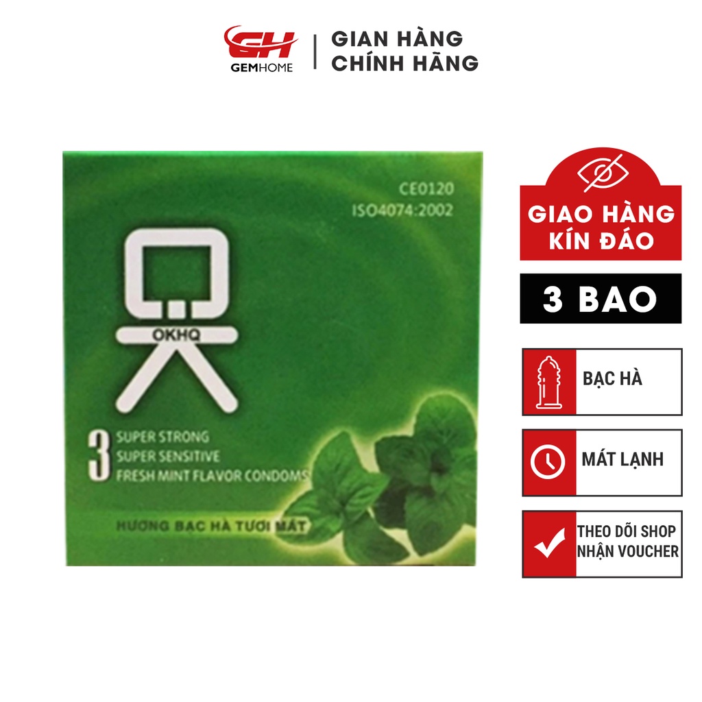 Bao cao su OKHQ bạc hà mát lạnh cho cảm giác thăng hoa hộp 3 Bao GEMHOME