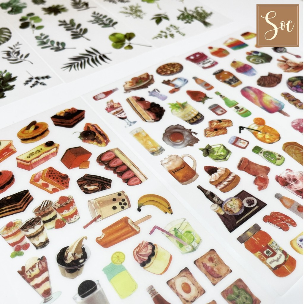 Set 3 tờ Sticker dán tự cắt Cây cối và Món Ăn