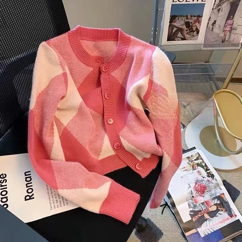 Xiaoxiangfeng Áo Khoác cardigan Dệt Kim Mềm Mại Họa Tiết Kim Cương Phong Cách Phương Tây Ngọt Ngào Mùa Thu Cho Nữ