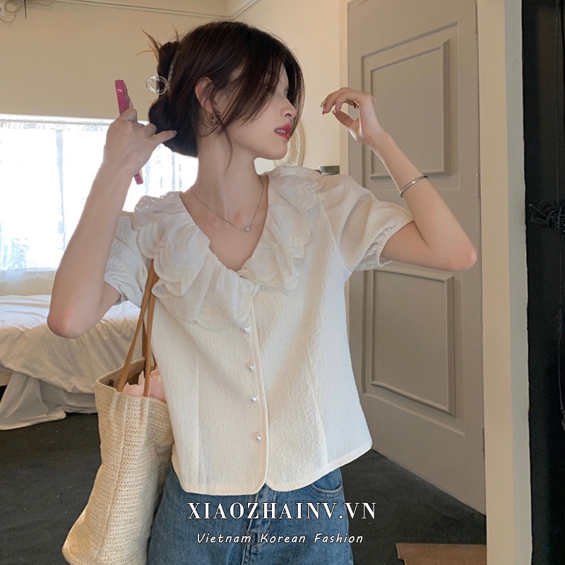 Xiaozhainv Áo Kiểu Tay Ngắn Màu Trơn Thời Trang Mùa Hè Dễ Phối Đồ