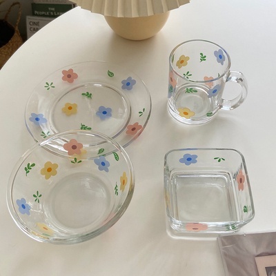 Dụng cụ ăn uống chất liệu thuỷ tinh chịu nhiệt hoạ tiết hoa xinh xắn dễ thương (tùy chọn sản phẩm)
