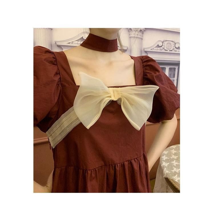 Đầm chữ A cổ vuông màu trơn phong cách retro thời trang Pháp