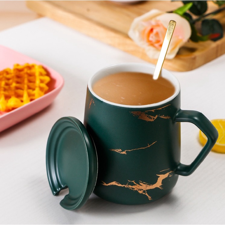 Cốc Đánh Răng, Đựng Bàn Chải Đánh Răng, Cốc Uống Nước 400ml Có Nắp, Chất Liệu Gốm Sứ Vân Đá Cẩm Thạch Sang Trọng