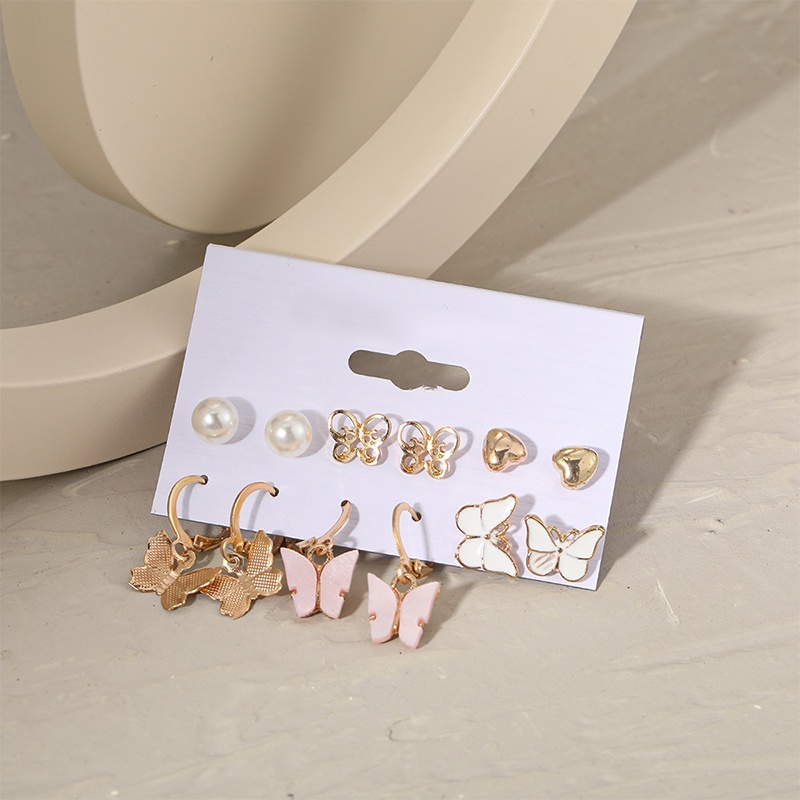 Set 6 Khuyên Tai Mạ Bạc Hình Bướm/Trái Tim/Ngọc Trai Nhiều Màu Sắc