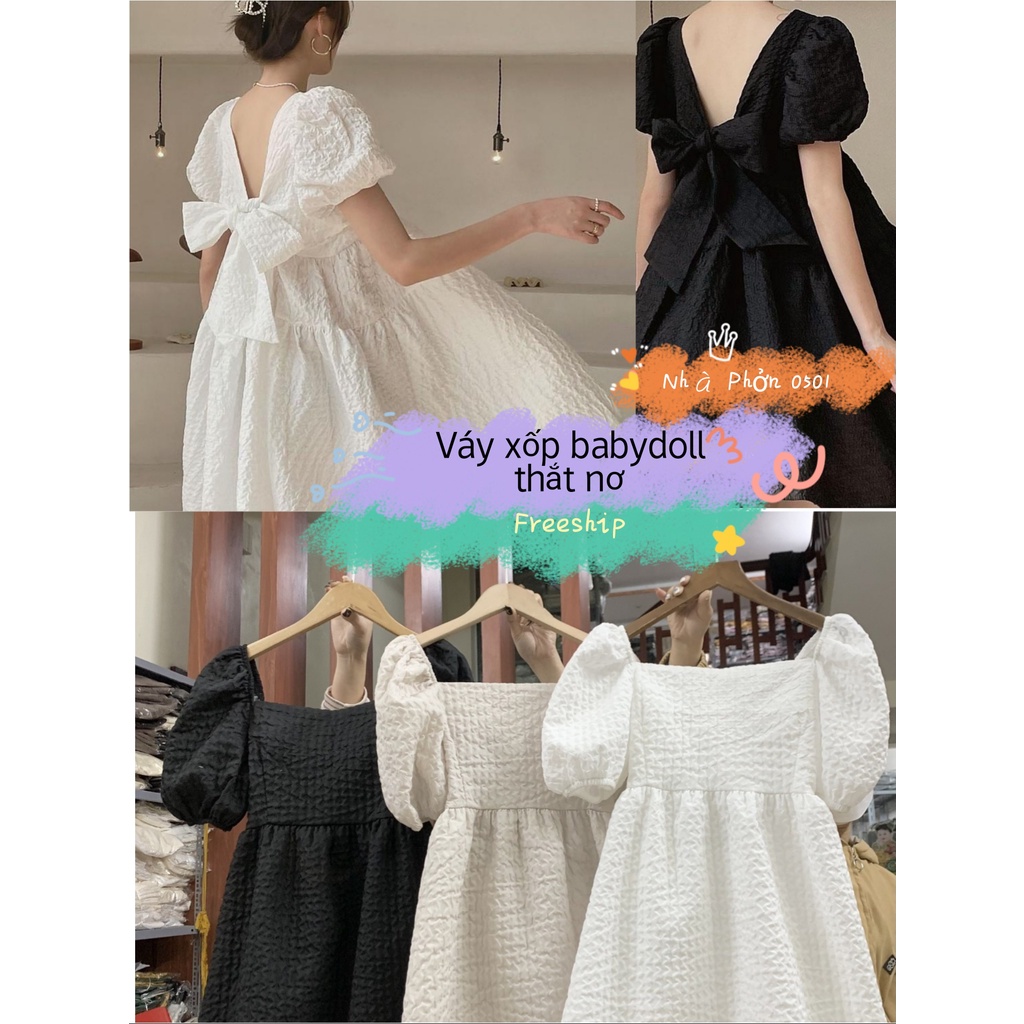 Váy đầm babydoll phồng thắt nơ hở lưng chất vải xốp